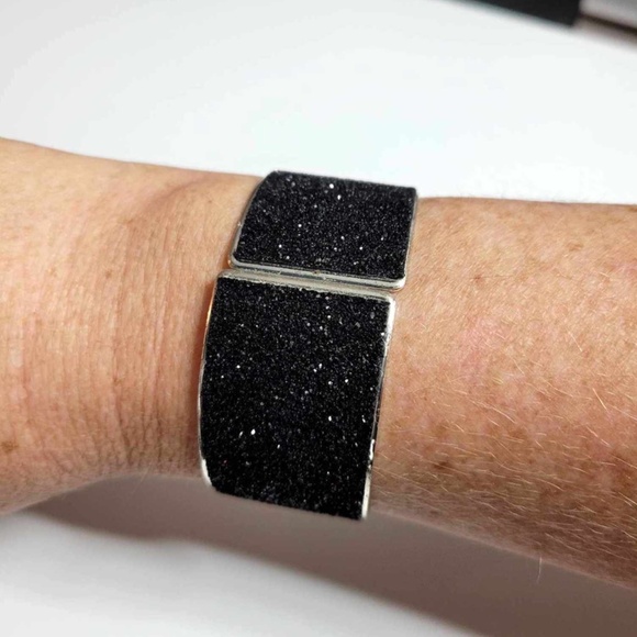Silver Plated Jet Black Sparkle Spring Open Cuff Bracelet - Picture 6 of 10